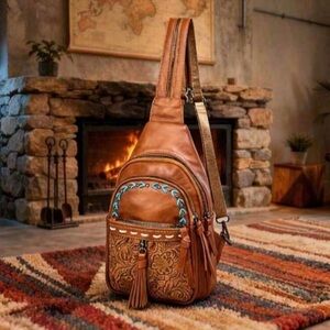 🌵 Western Brown Tooled Sling Backpack w/ Turquoise Stud Detail - Brown